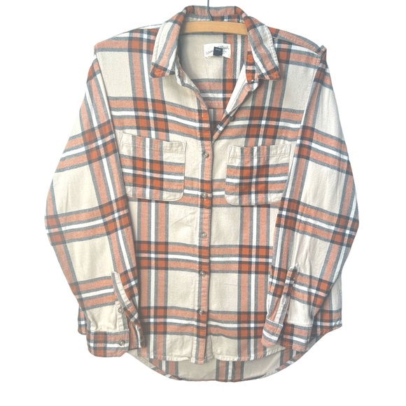 Universal Thread Tops - Universal Thread Flannel Shirt Size XS Beige Plaid Button Front Long Sleeve Cozy